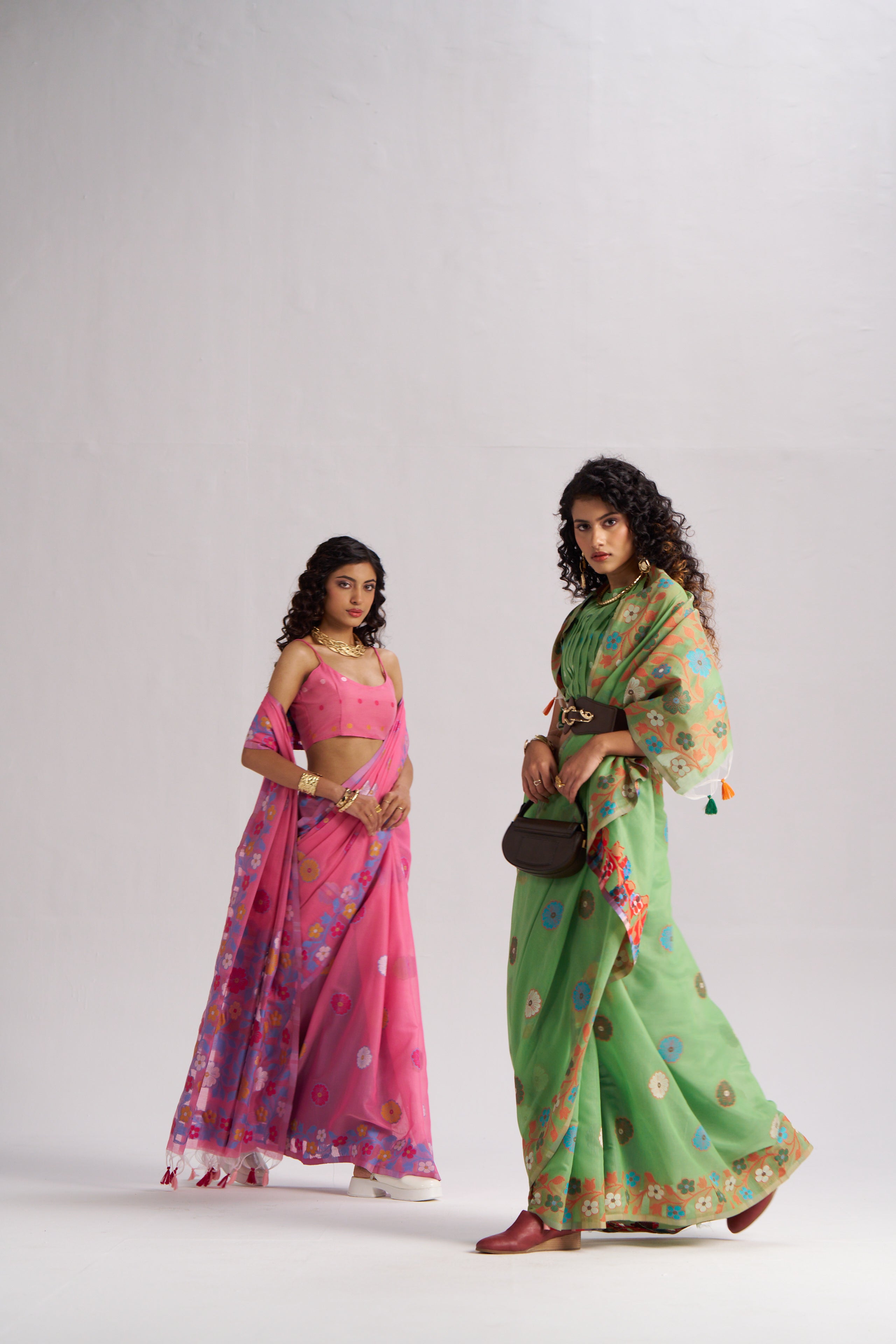 Playful Pop Floral Saree Collection – Green & Pink Handcrafted Organza Sarees