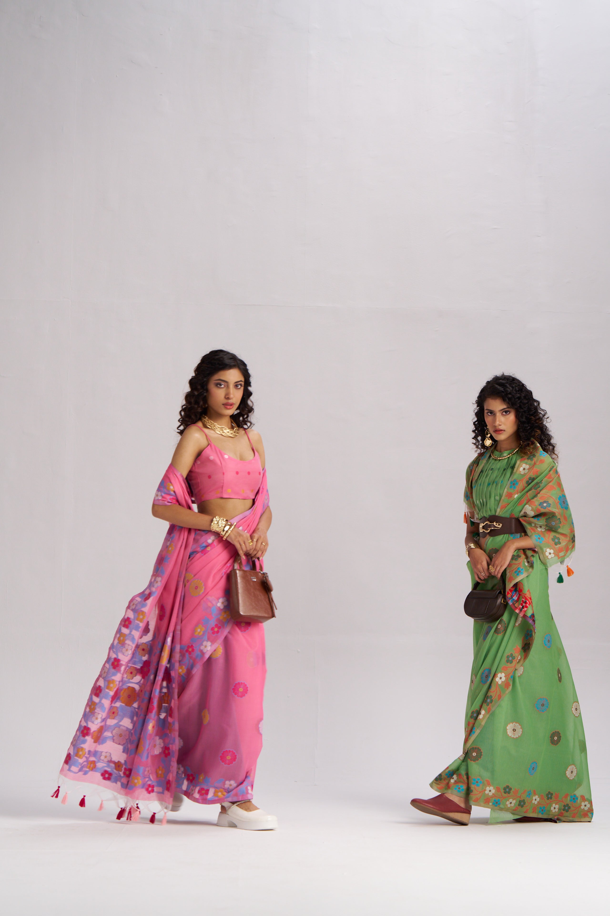 Playful Pop Floral Saree Collection – Green & Pink Handcrafted Organza Sarees