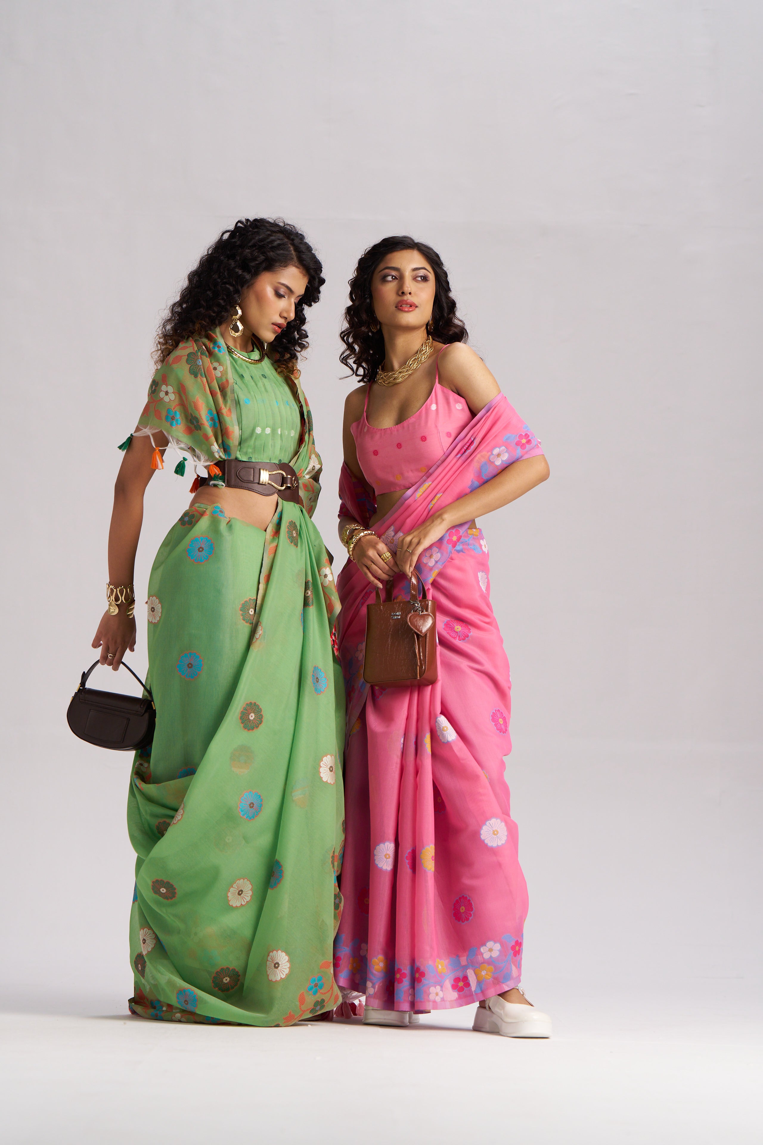 Playful Pop Floral Saree Collection – Green & Pink Handcrafted Organza Sarees