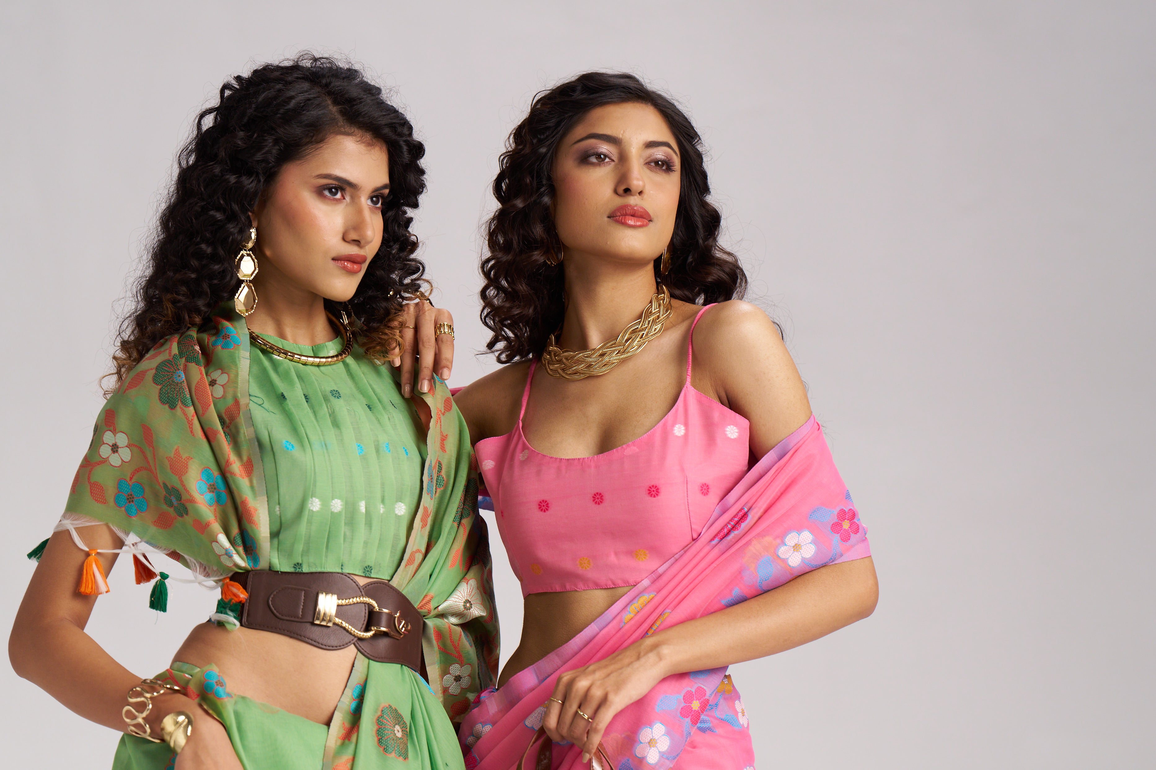 Playful Pop Floral Saree Collection – Green & Pink Handcrafted Organza Sarees