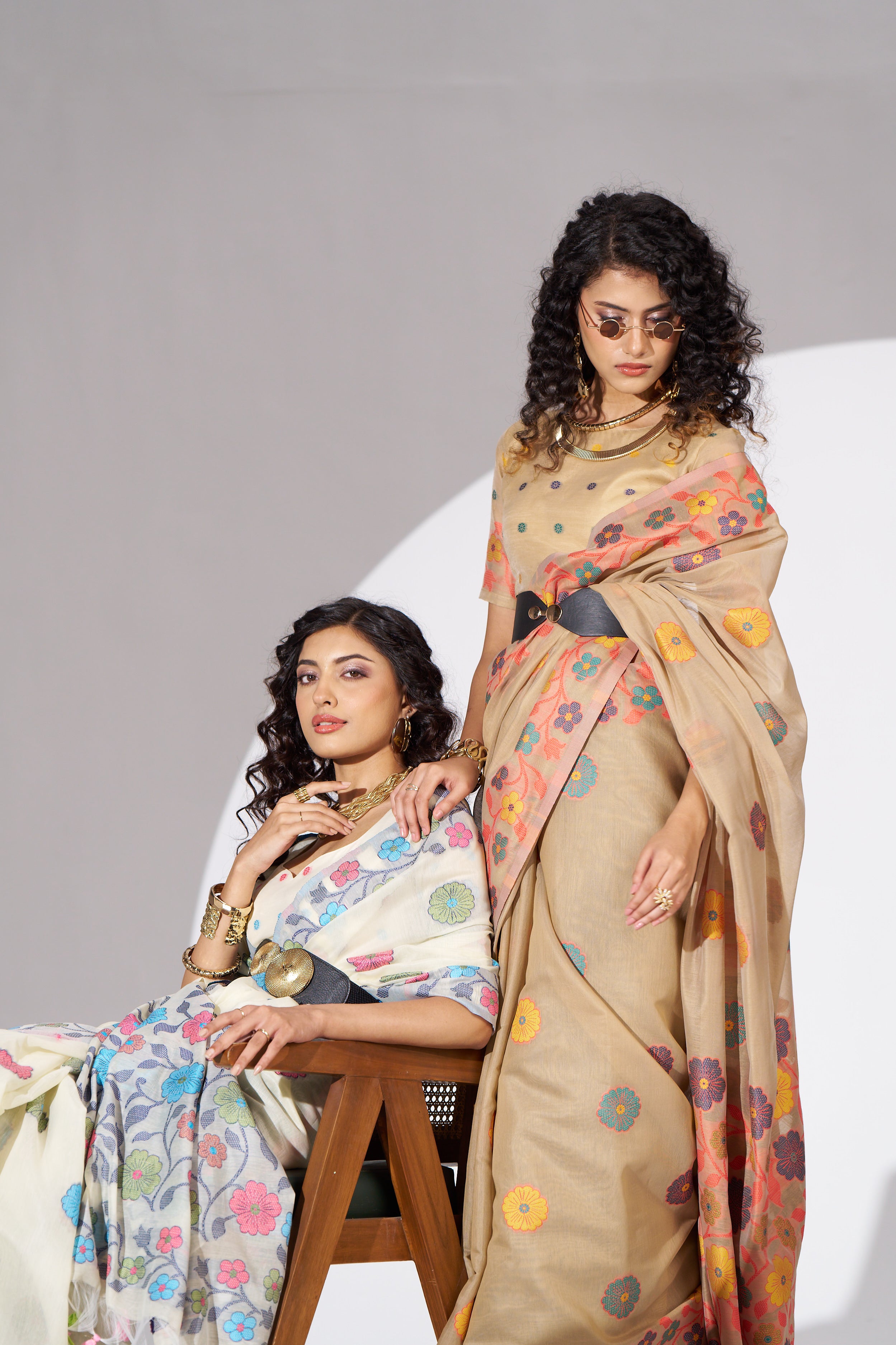 Vintage Bloom Handwoven Saree Collection – Ivory & Sand Floral Organza Sarees