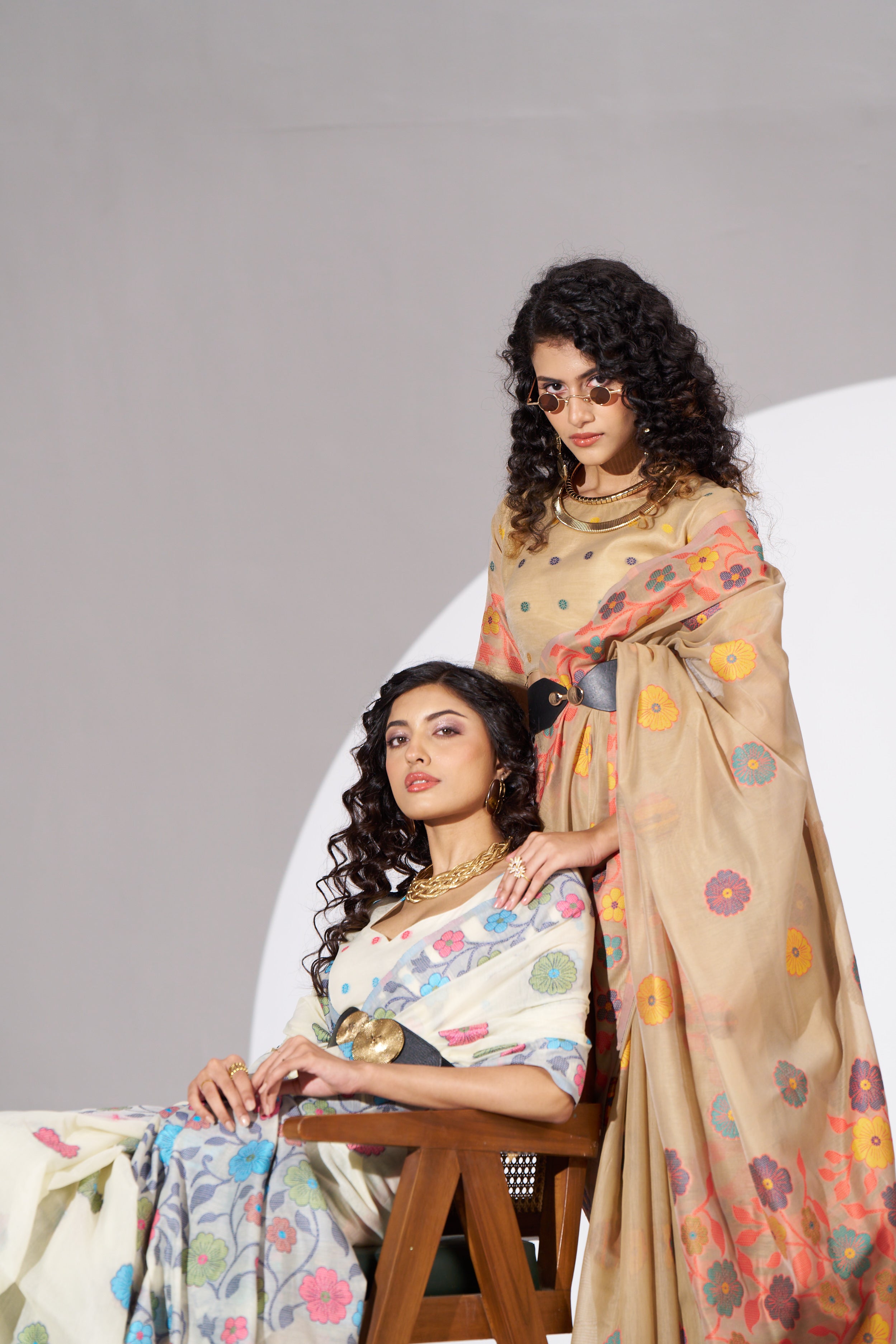 Vintage Bloom Handwoven Saree Collection – Ivory & Sand Floral Organza Sarees