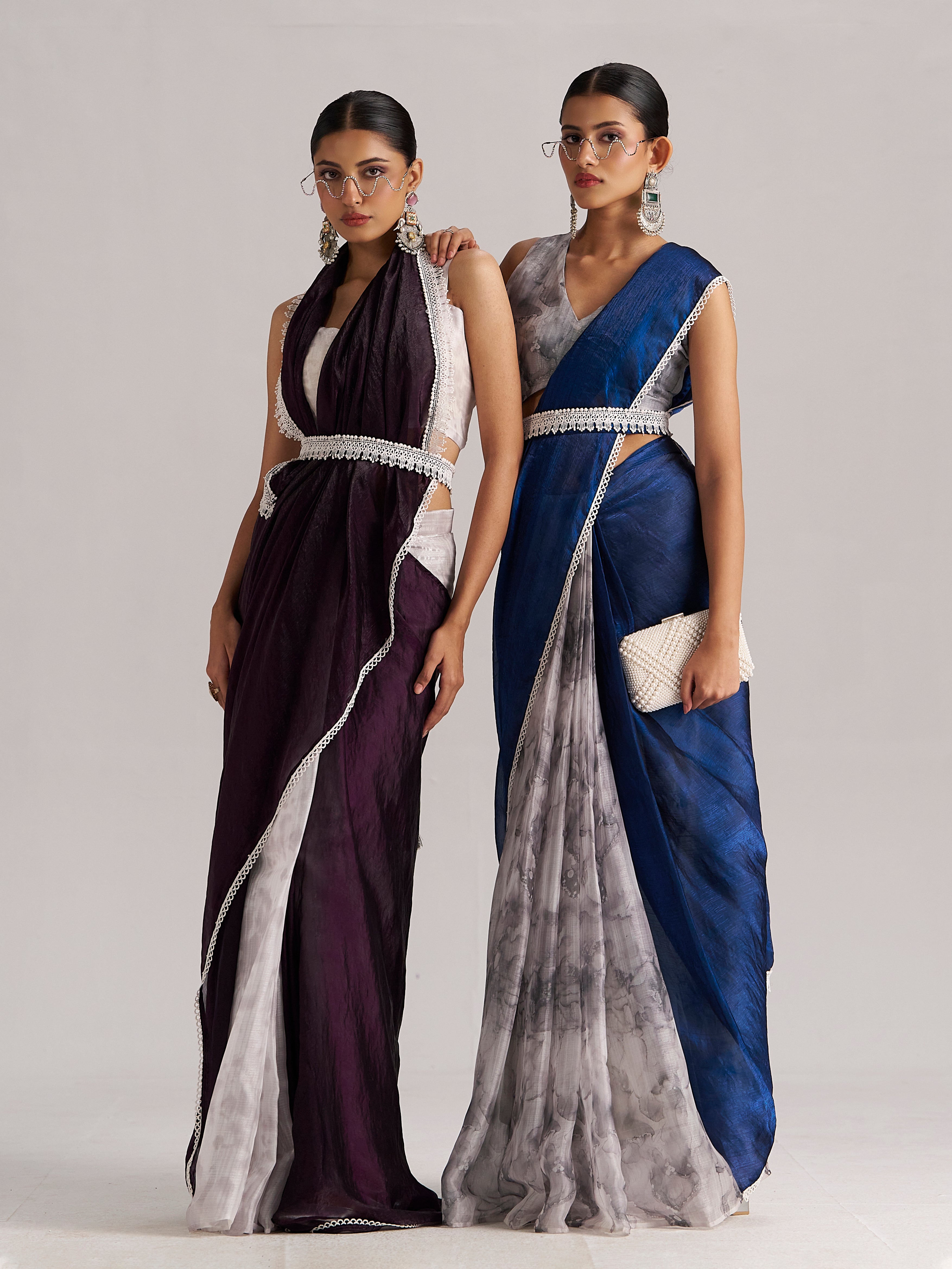 Elegant Contemporary Ethnic Saree with Modern Drape – Blue & Plum Collection
