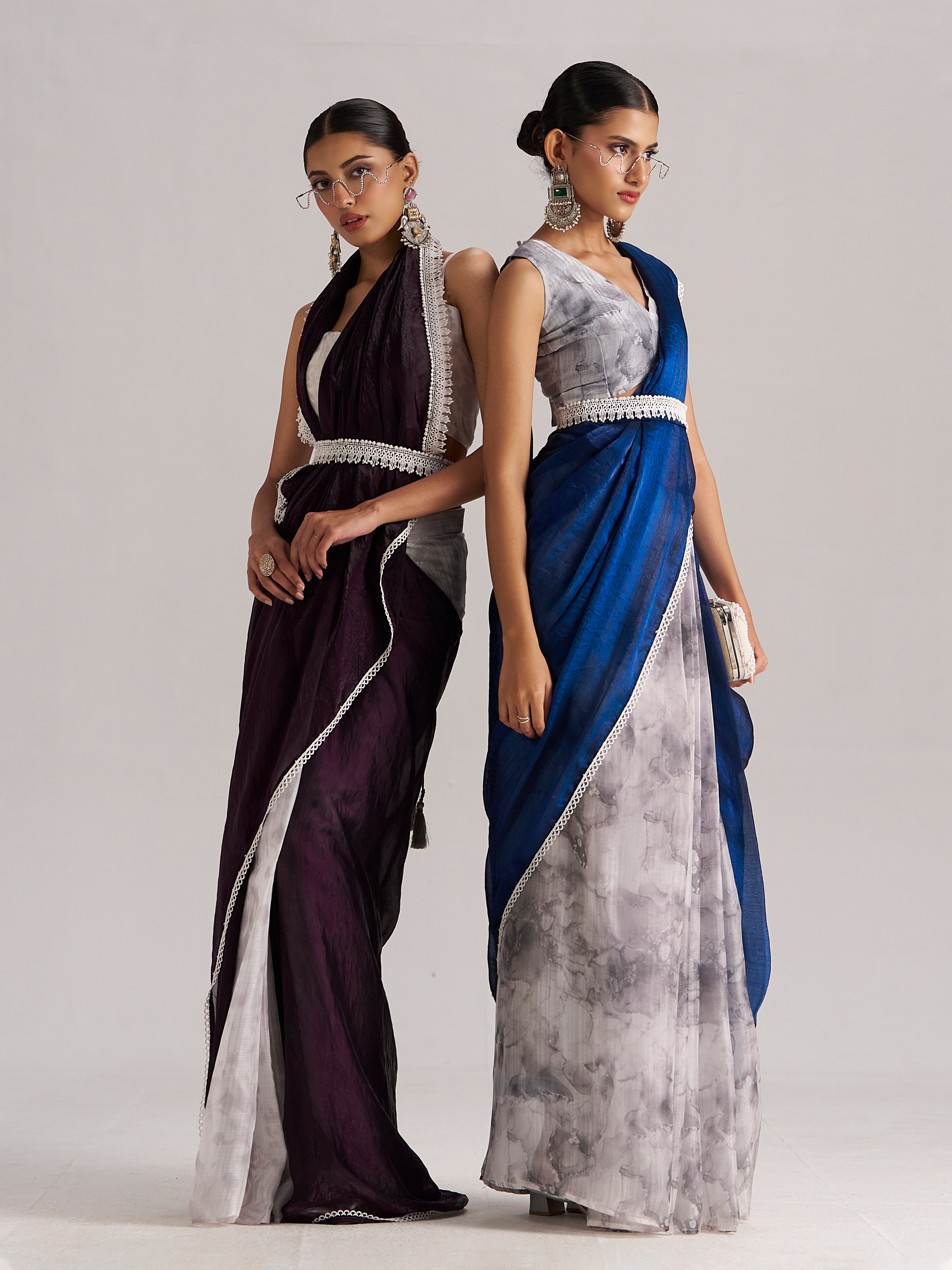 Elegant Contemporary Ethnic Saree with Modern Drape – Blue & Plum Collection