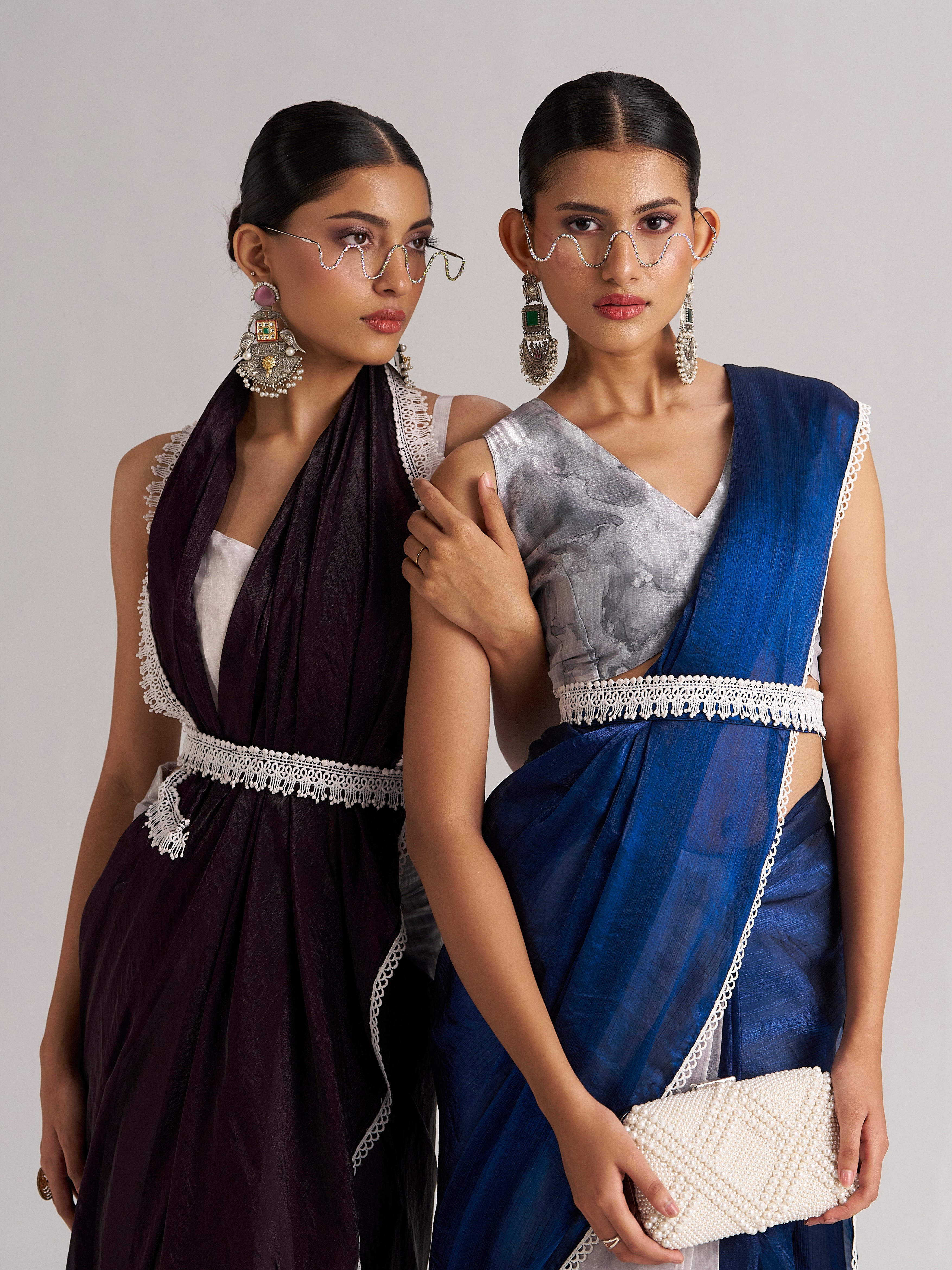 Elegant Contemporary Ethnic Saree with Modern Drape – Blue & Plum Collection