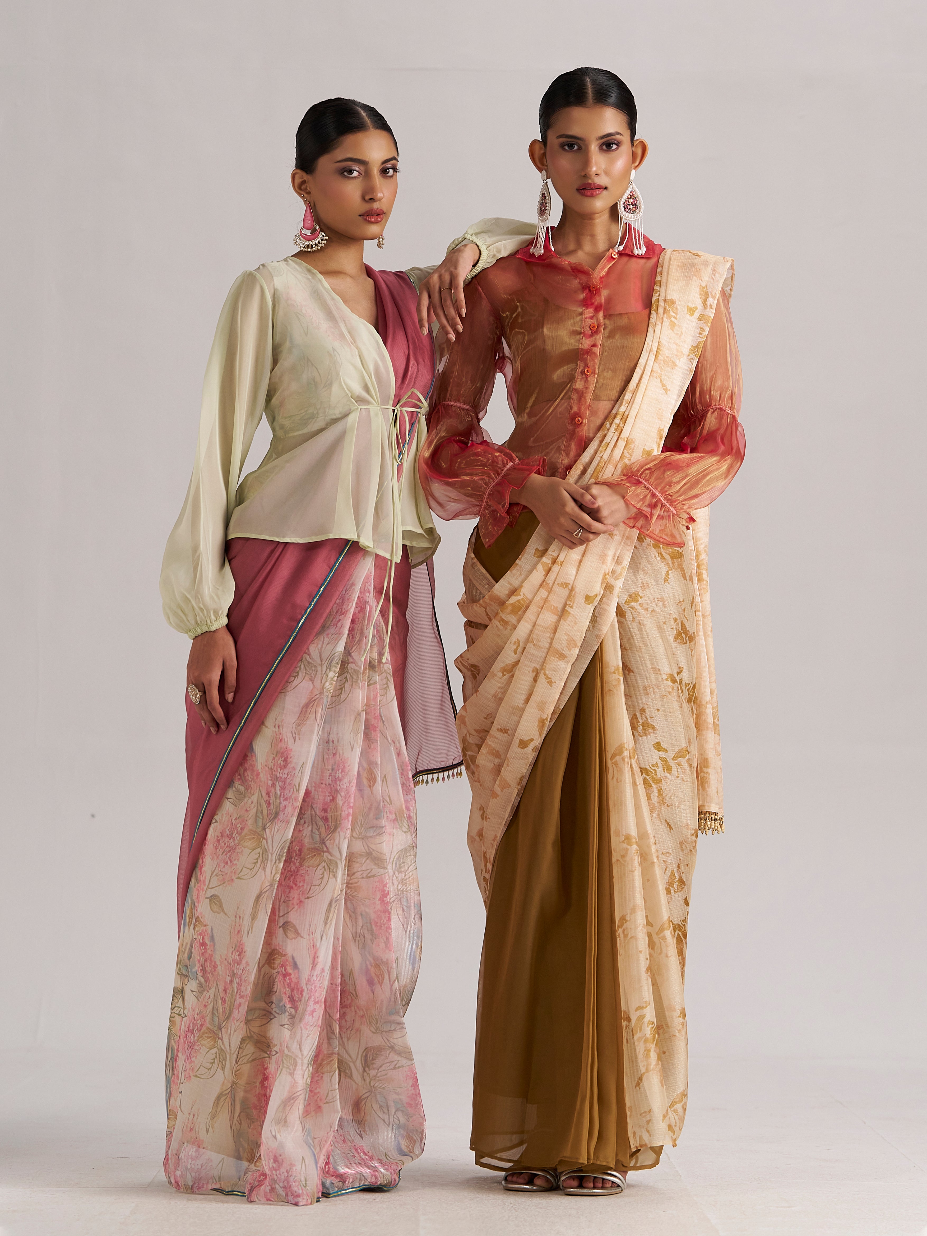 Ethereal Pastel & Rust Organza Saree Set with Sheer Blouse – Designer Dual Look Collection
