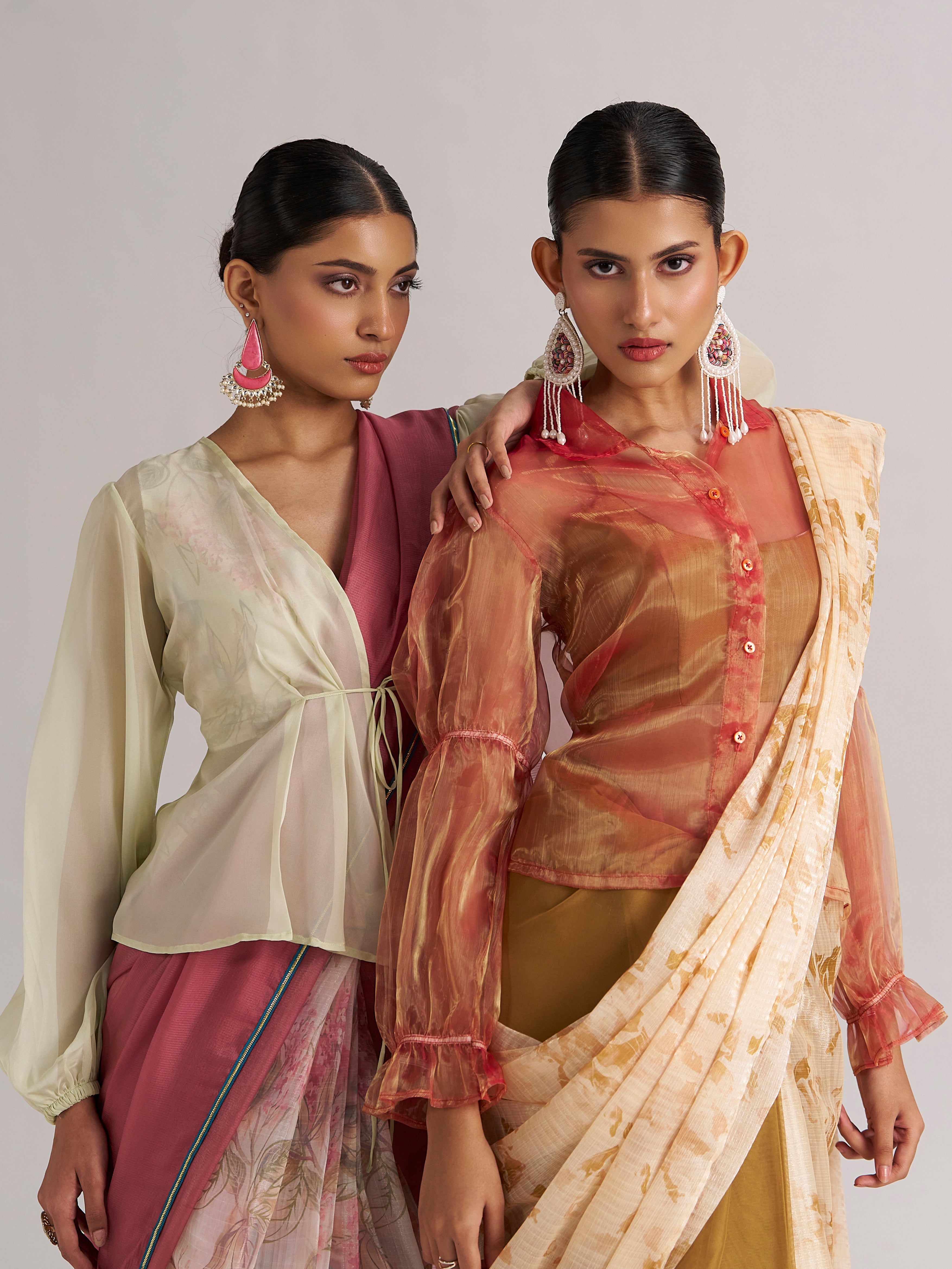 Ethereal Pastel & Rust Organza Saree Set with Sheer Blouse – Designer Dual Look Collection